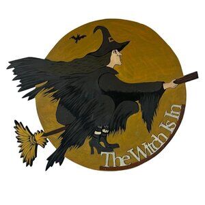 Primitives by Kathy Flying Witch on Broom Wood Wall Sign Plaque Folk Art Witchy
